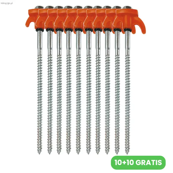 Zestaw 10 gwintowanych stalowych śledzi kempingowych SCREWPEG 10+10 GRATIS