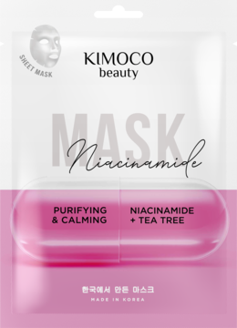 Kimoco, Beauty, maska w płachcie z niacynamidem i ekstraktem z drzewa herbacianego, oczyszczająco-kojąca, 23 ml