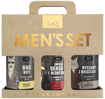 LaQ, Czyściopak, zestaw dla mężczyzn, 3 x żel pod prysznic 8w1: Bad Boy + Zapach Seksu i Biznesu + Ryszard z Bieszczad, 1 szt.