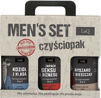 LaQ, Czyściopak, zestaw dla mężczyzn, 3 x żel pod prysznic 8w1: Podchmielony Kozioł z Klasą + Zapach Seksu i Biznesu + Ryszard z Bieszczad, 1 szt.