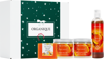 Organique, Cozy Winter Spice, zestaw kosmetyków dla kobiet, żel pod prysznic 250ml + masło do ciała 200ml + peeling do ciała cukrowy 200ml + mydło 100g, 1 szt.